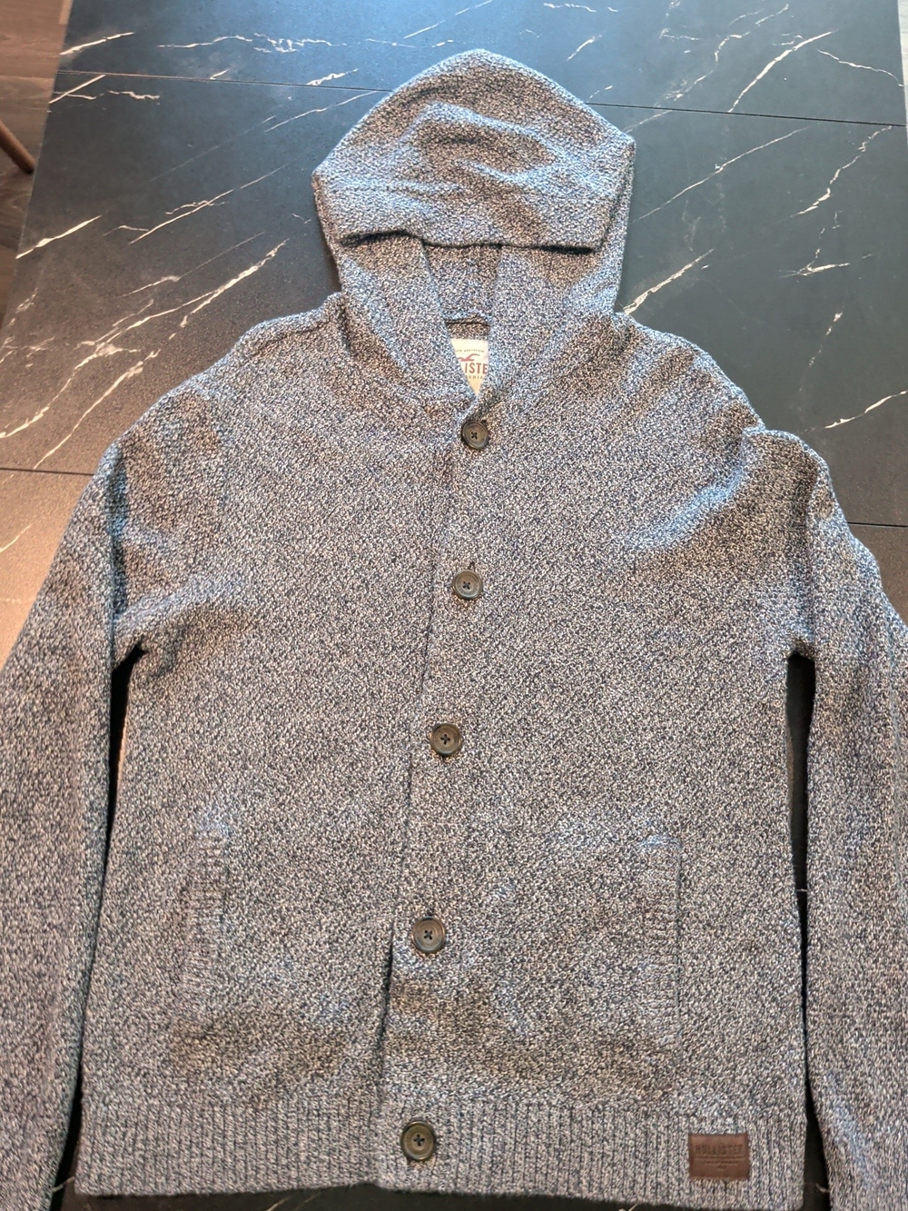 VINTAGE Hollister Men's Hooded Button-Up Knit Jacket - Heather Blue